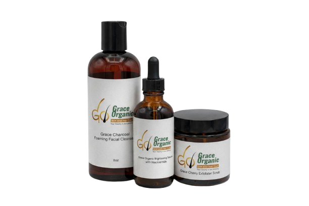 Grace Organic Skincare Collection: Facial Cleanser, Brightening Serum, and Exfoliator Scrub